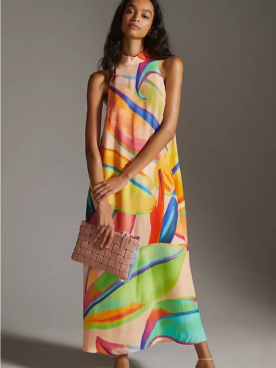 FARM Rio Dresses & Skirts - Farm Rio Halter Maxi Dress Leaf Orange Tropical Resort Aloha Anthropologie XL